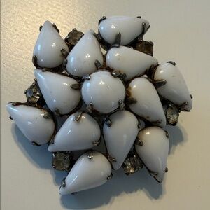 Vintage White milk glass Teardrop Rhinestone cluster Brooch pin has potential